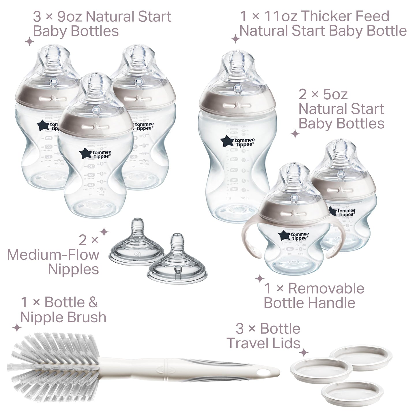 Tommee Tippee Natural Start Grow with Baby Bottle Set, 5oz, 9oz and 11oz, Slow, Medium and Thicker Flow Nipples, Removable Bottle Handles, Self-Sterilizing
