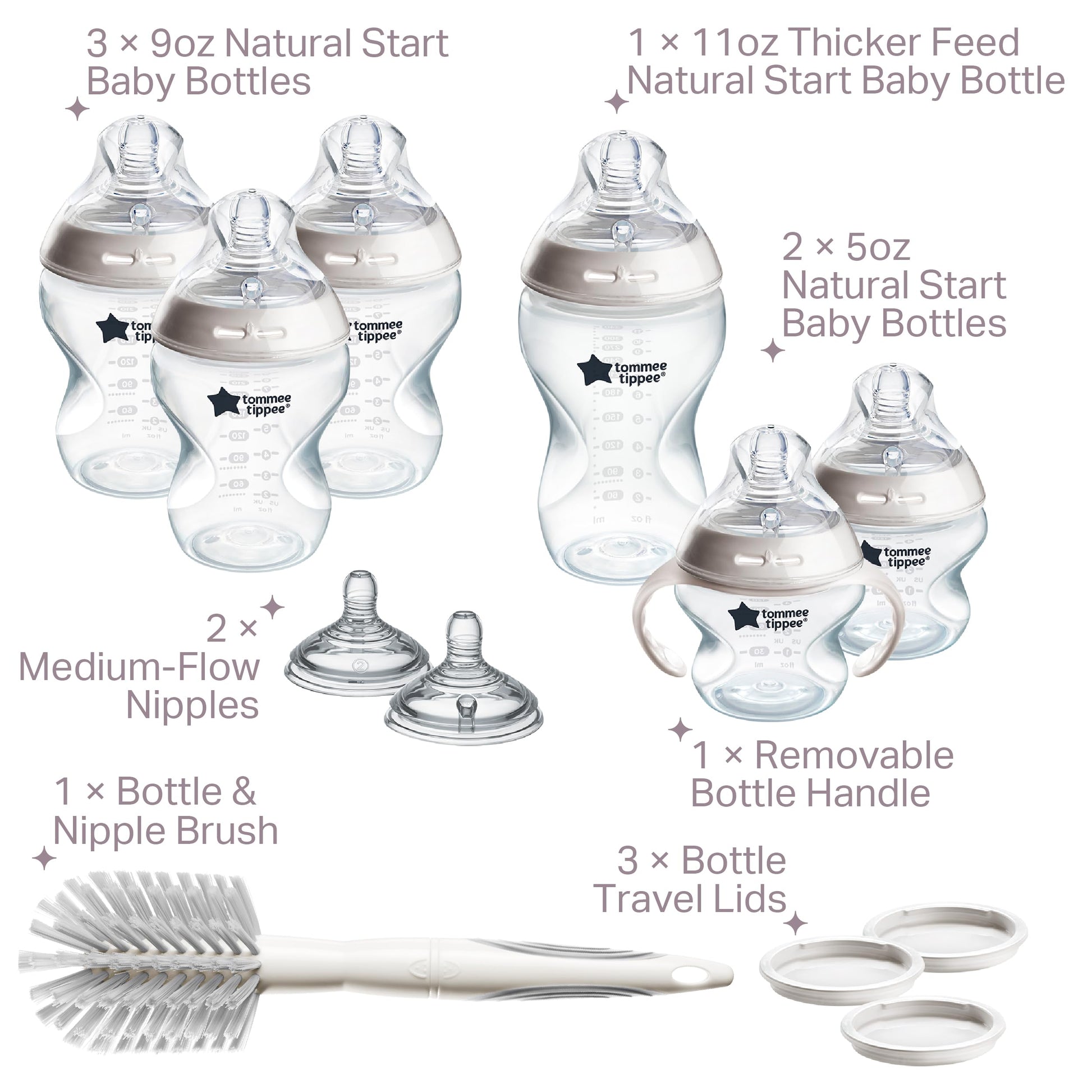 Tommee Tippee Natural Start Grow with Baby Bottle Set, 5oz, 9oz and 11oz, Slow, Medium and Thicker Flow Nipples, Removable Bottle Handles, Self-Sterilizing