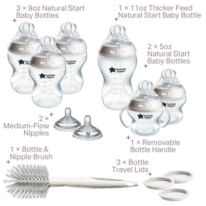 Tommee Tippee Natural Start Grow with Baby Bottle Set, 5oz, 9oz and 11oz, Slow, Medium and Thicker Flow Nipples, Removable Bottle Handles, Self-Sterilizing