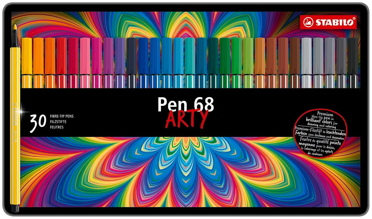 STABILO Pen 68, estuche ARTY con 30 plumines en colores surtidos | Lata de 30 colores surtidos