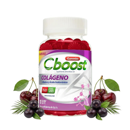 Cboost - Gomitas Colágeno, Biotina y Ácido Hialurónico, Cereza, 90 Piezas | Acaí, colores y sabores naturales, para toda la familia, 2g c/u, Grisi Farma