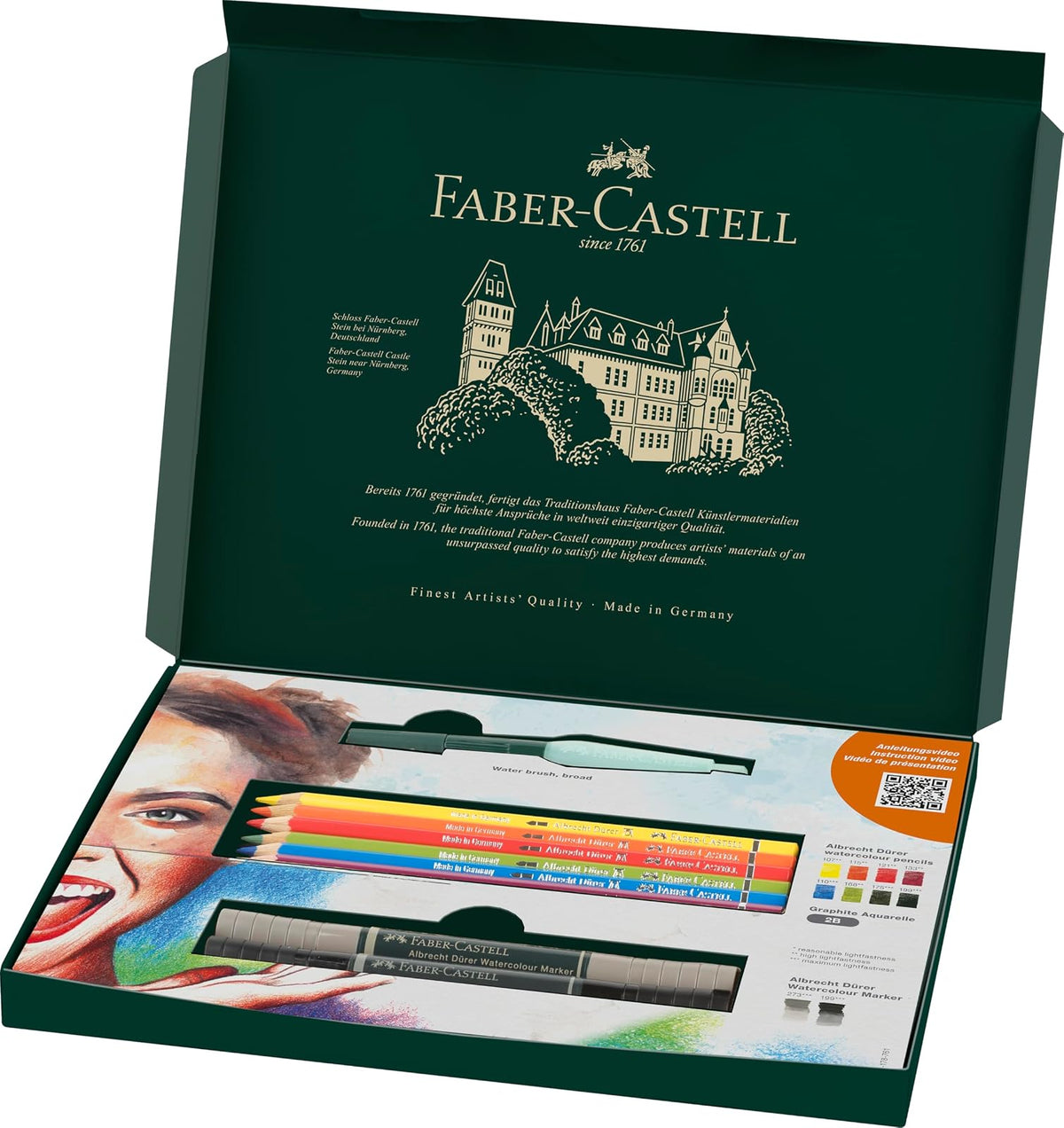 Faber-Castell Discovery Set Albrecht Durer - Juego de arte soluble en agua, 12 piezas, suministros para artistas, lápices para colorear acuarela, rotuladores de acuarela, cepillo para polvo de agua