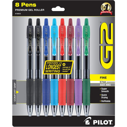 Pilot G2 Bolígrafos de tinta de gel recargables y retráctiles, punta fina (0,7 mm), negro/azul/turquesa/rojo/burdeos/púrpura/verde, 8 unidades (16603)