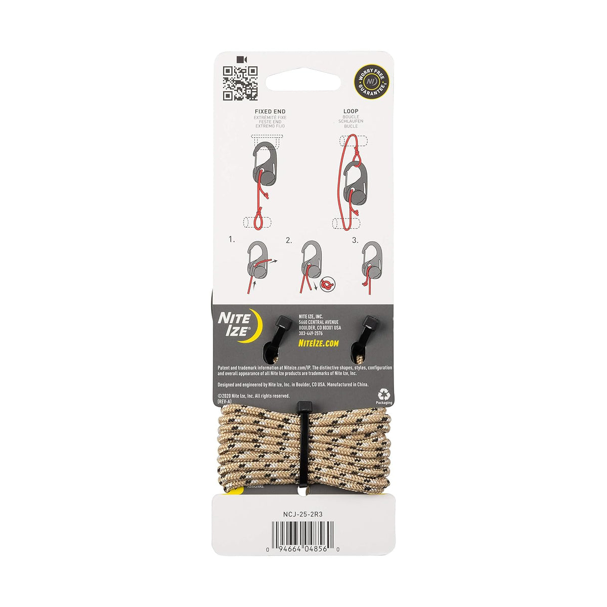 Nite IZE NCJ-25-2R3 CamJam - Tensor de Cuerda de Amarre con Clip de mosquetón, Paquete de 2 con cordón, Negro, 2 Unidades