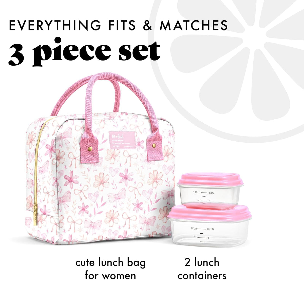Fit & Fresh Bloomington - Bolsa de almuerzo para mujer - Lonchera grande aislada para trabajar con contenedores, resistente a fugas, resistente a las manchas, cierre de cierre, lazos florales dulces