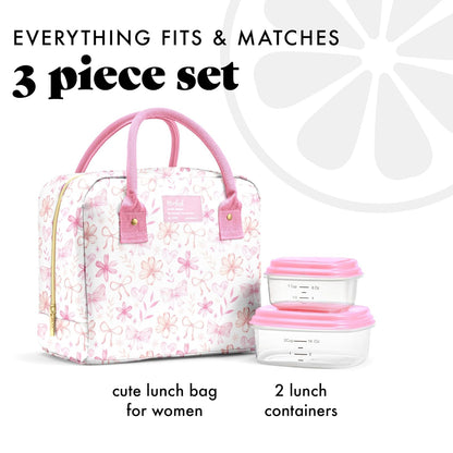 Fit & Fresh Bloomington - Bolsa de almuerzo para mujer - Lonchera grande aislada para trabajar con contenedores, resistente a fugas, resistente a las manchas, cierre de cierre, lazos florales dulces