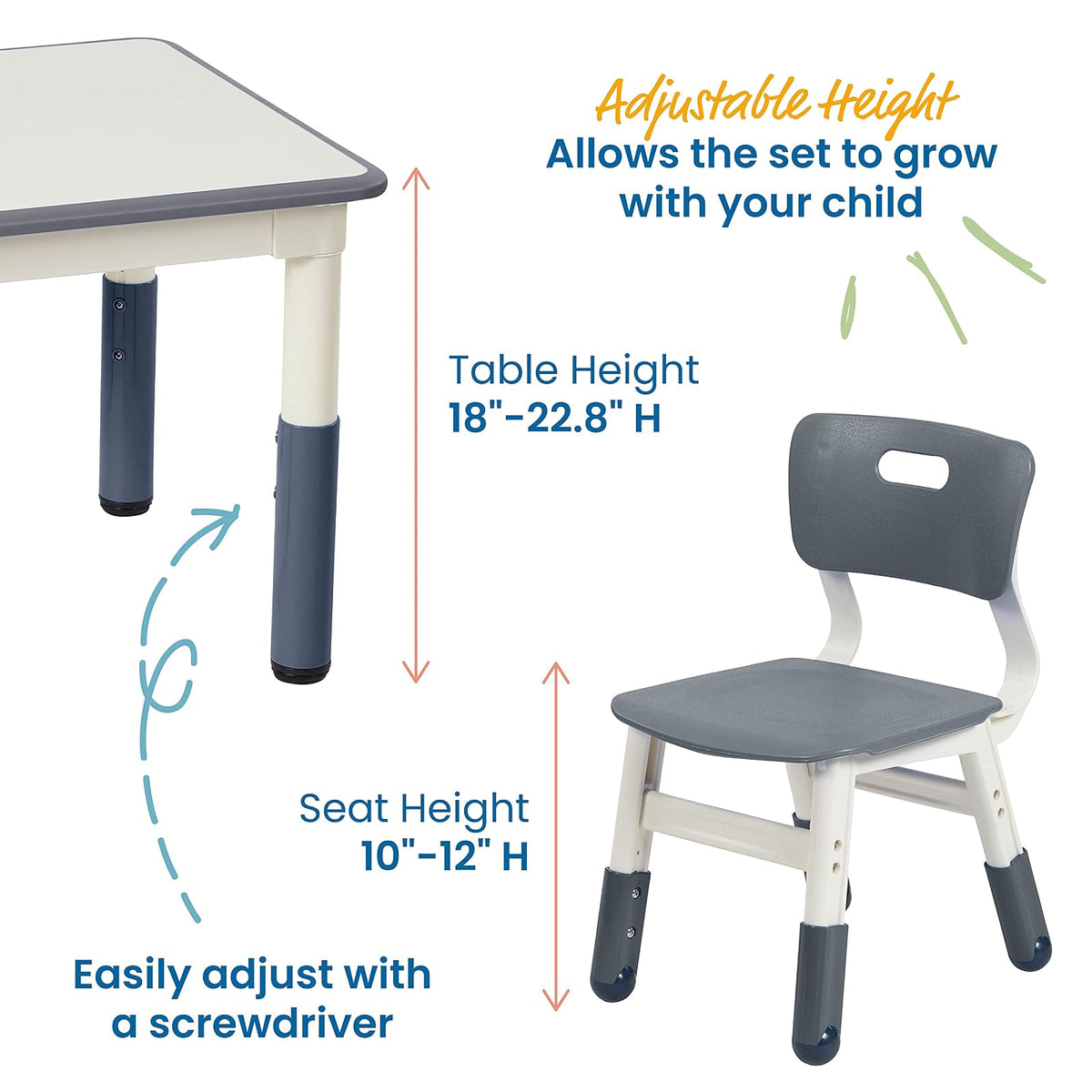 ECR4Kids Mesa de Actividades Cuadrada de borrado en seco con 2 sillas, Ajustable, Muebles para niños, Gris, 3 Piezas