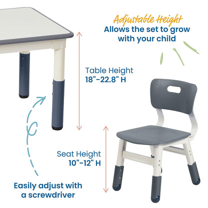 ECR4Kids Mesa de Actividades Cuadrada de borrado en seco con 2 sillas, Ajustable, Muebles para niños, Gris, 3 Piezas