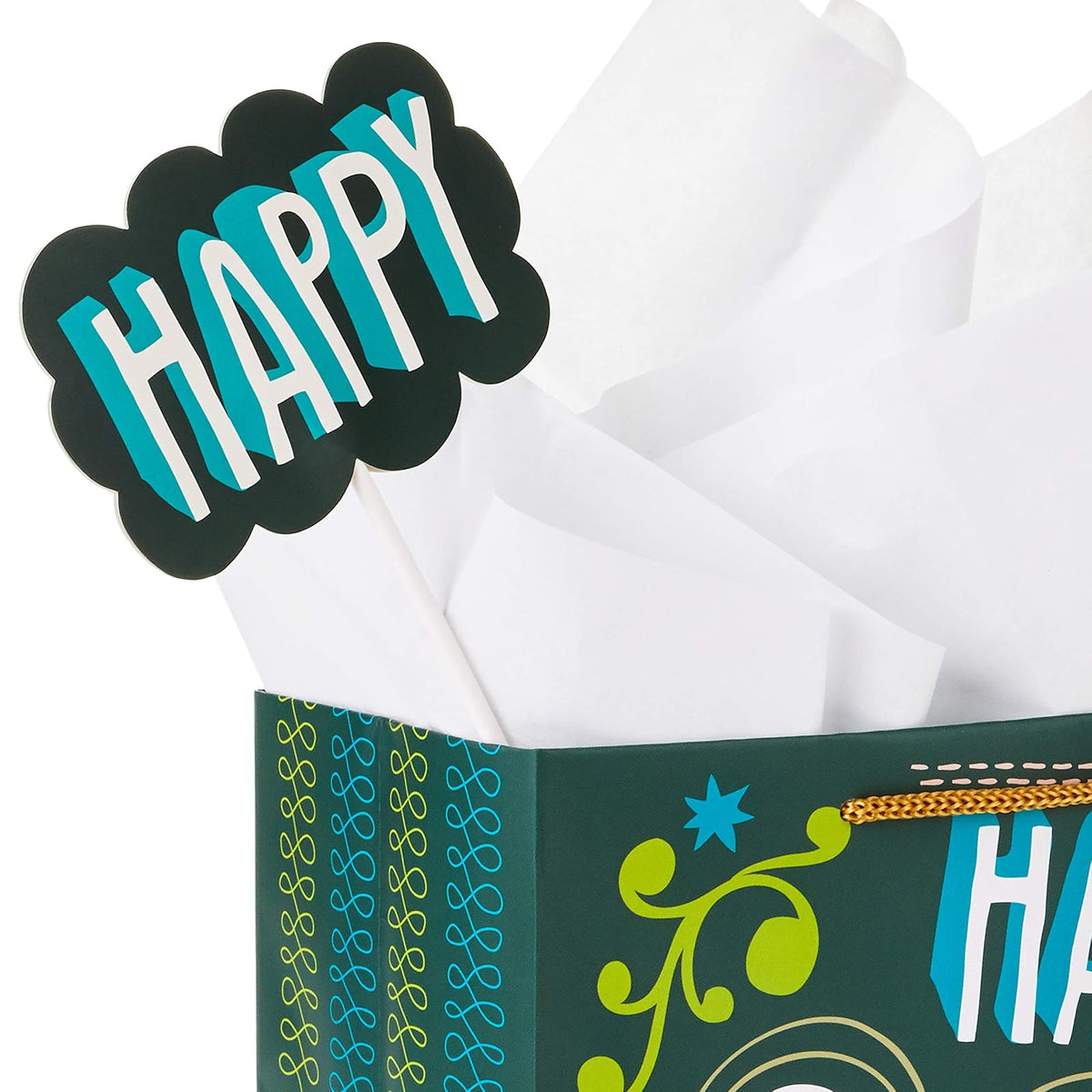 Hallmark - Bolsa de regalo de cumpleaños mediana de 9 pulgadas con papel de seda y mini carteles (Feliz cumpleaños, verde, gris, azul letras a mano)