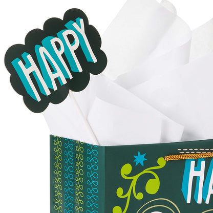 Hallmark - Bolsa de regalo de cumpleaños mediana de 9 pulgadas con papel de seda y mini carteles (Feliz cumpleaños, verde, gris, azul letras a mano)