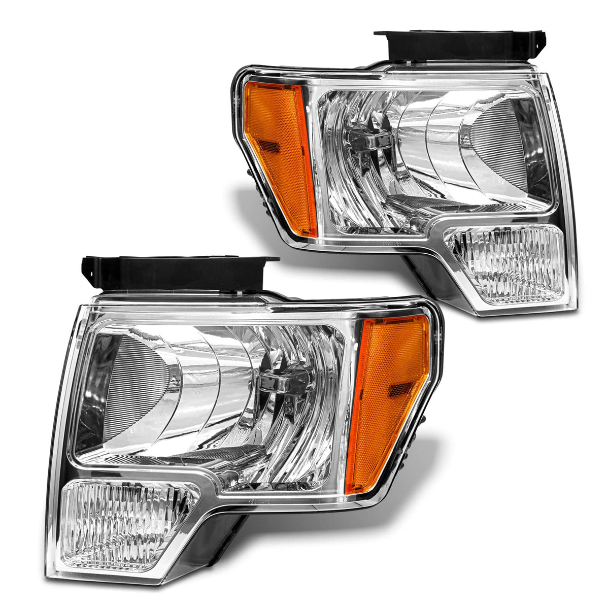 Adcarlights Faros Delanteros para Ford F-150 2009-2014, Par - Lente transparente con reflector de ámbar chapado en cromo - OE Replacement
