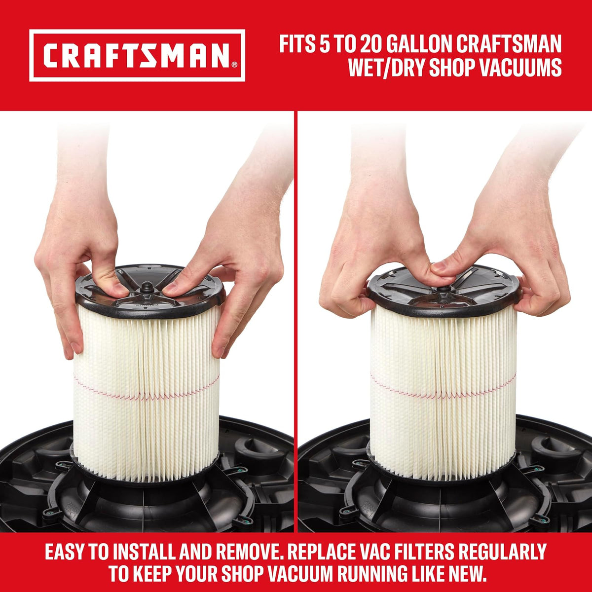 CRAFTSMAN CMXZVBE38755 - Filtro de aspiradora de repuesto para aspiradora de 5 a 20 galones, fácil instalación y atrapa desechos generales, paquete de 2