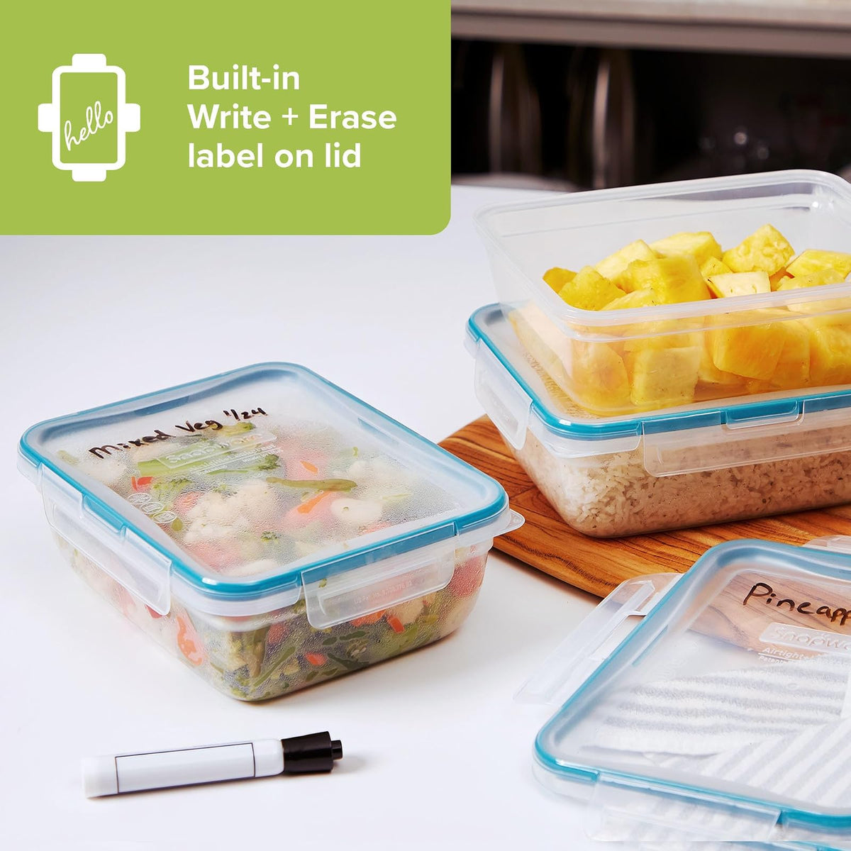 Snapware Total Solution - Juego de 3 recipientes de plástico para almacenamiento de alimentos, a prueba de fugas y herméticas, tapas rectangulares, tapas no tóxicas sin BPA, aptas para microondas y