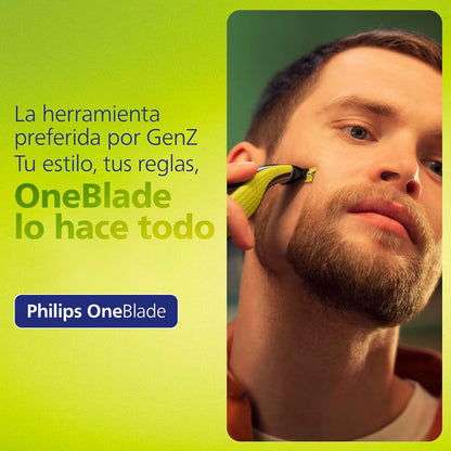 Philips OneBlade Afeitadora y Recortadora Eléctrica de Barba para Hombre | Recorta, perfila y afeita | Corta el vello, no tu piel | Uso seco y húmedo | Incluye peine ajustable 5 en 1 | QP2724/20