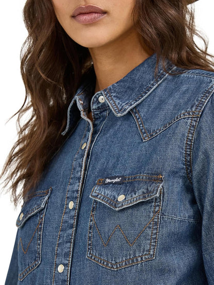 Wrangler Camisa Retro de Manga Larga Vaquera Occidental a presión Camisa para Mujer