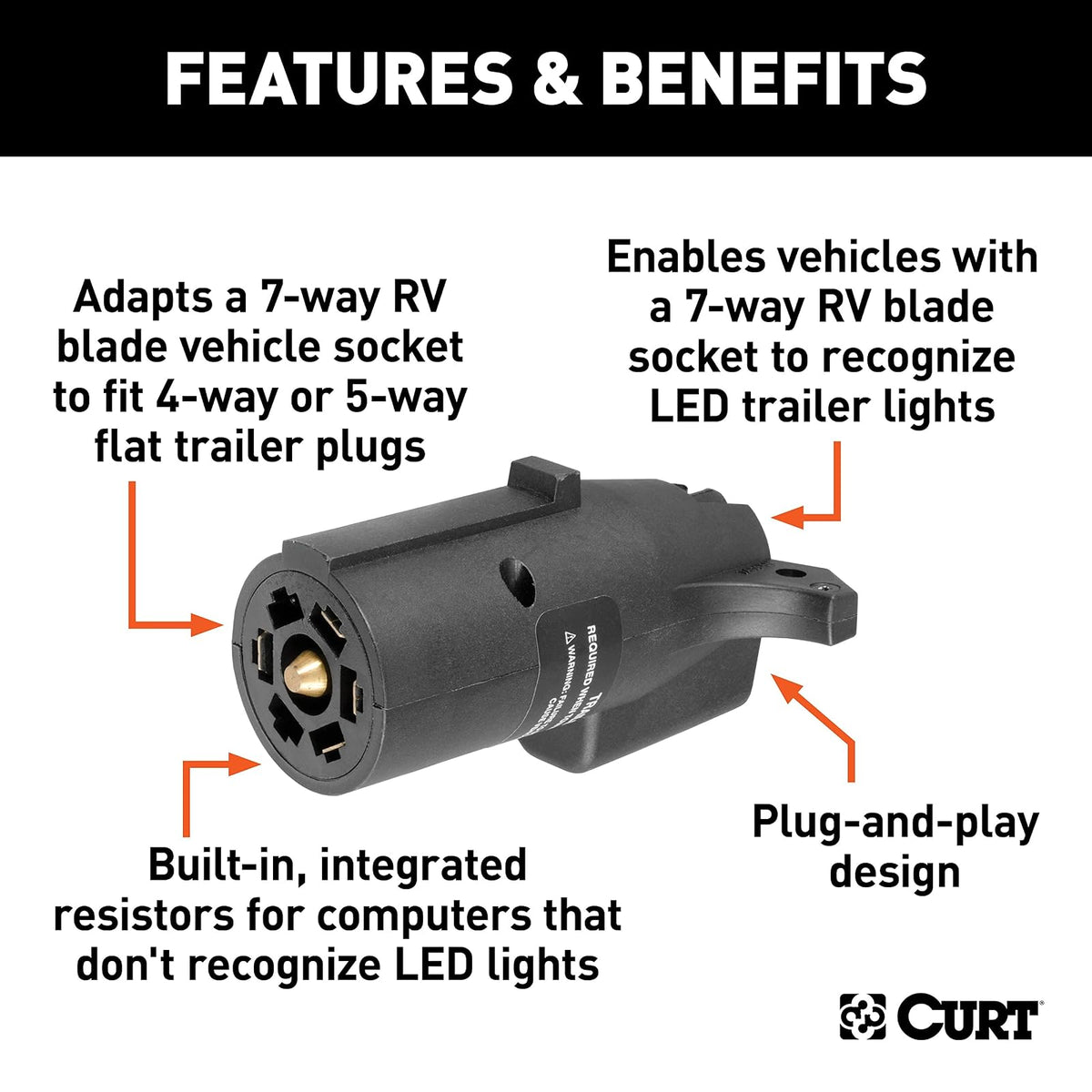 CURT Adaptador de Cableado de Remolque Plano de 7 Vías a 4 Vías Compatible con LED, 57004, Negro