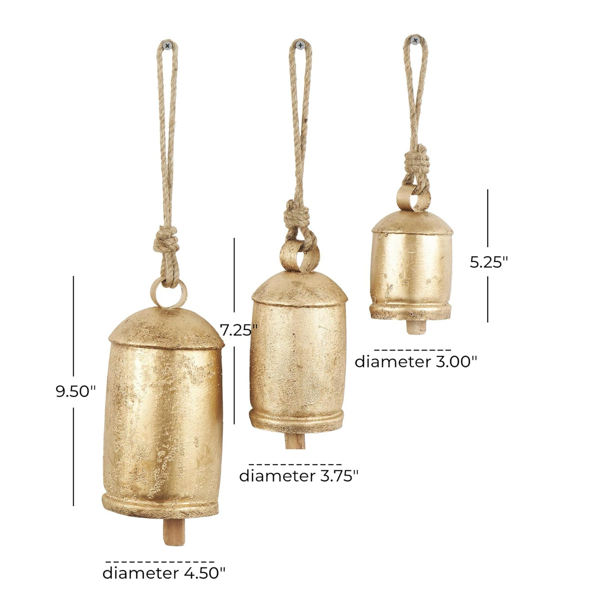 Deco 79 - Campana Decorativa de Vaca con Cuerda Colgante de Yute, de Metal Inspirado en Tibetano, Juego de 3 10 Pulgadas, 8 Pulgadas, 6 Pulgadas de Alto, Dorado