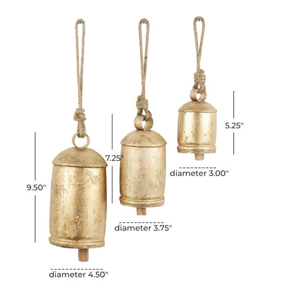 Deco 79 - Campana Decorativa de Vaca con Cuerda Colgante de Yute, de Metal Inspirado en Tibetano, Juego de 3 10 Pulgadas, 8 Pulgadas, 6 Pulgadas de Alto, Dorado