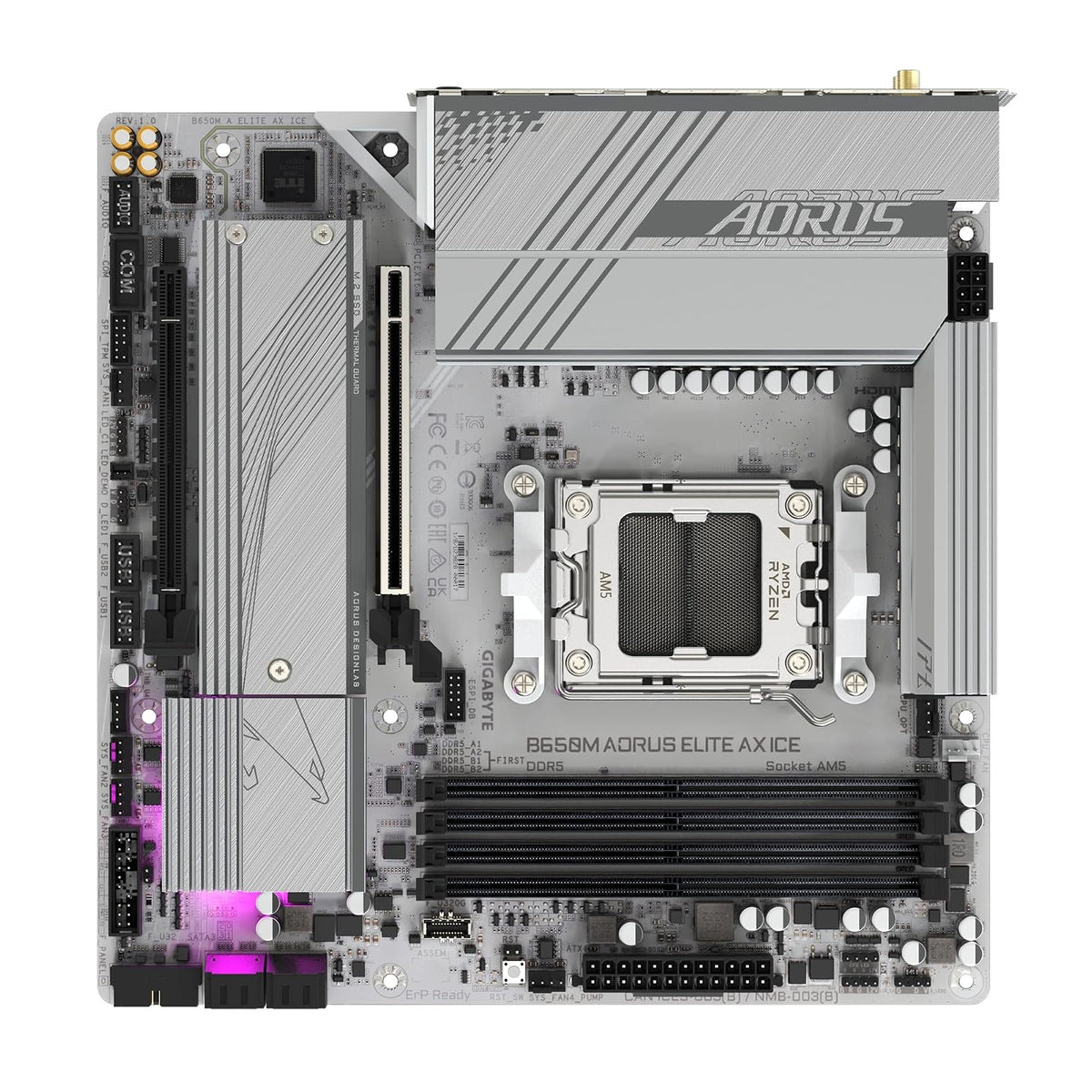 GIGABYTE B650M AORUS Elite AX Ice AM5 LGA 1718 AMD B650 M-ATX Placa Base con 5 años de garantía, DDR5, 2* M.2, PCIe 5.0, USB 3.2 Gen2X2 Tipo-C, LAN de 2.5GbE, Q-Flash Plus, EZ-Latch