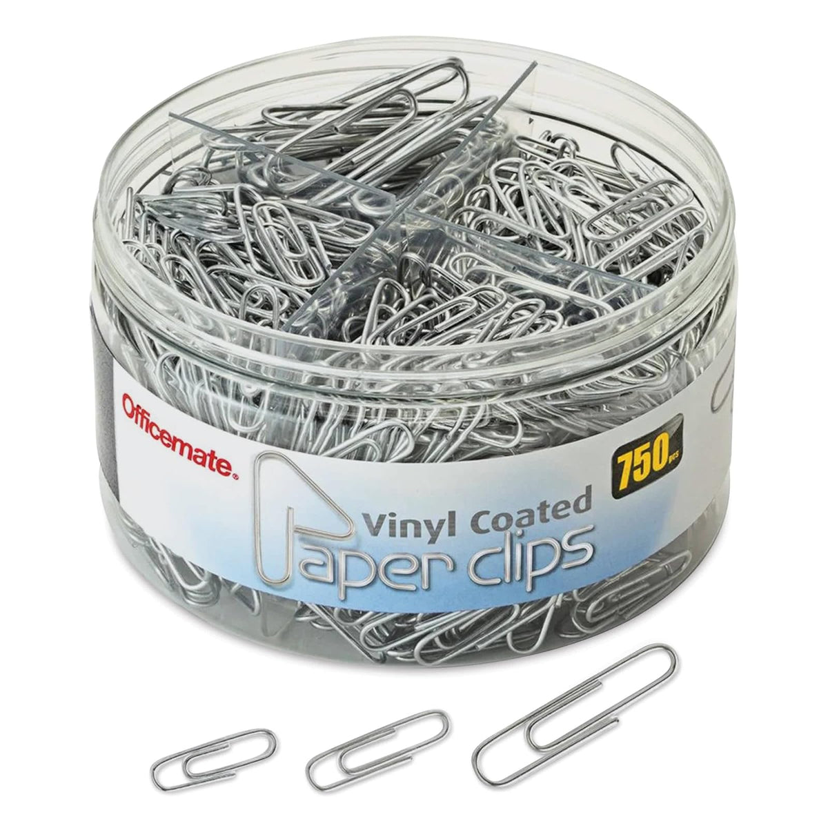 Officemate 750 Clips de papel, revestimiento de vinilo, varios tamaños, tina de almacenamiento reutilizable, para oficina, escuela y uso doméstico, plata (99970)