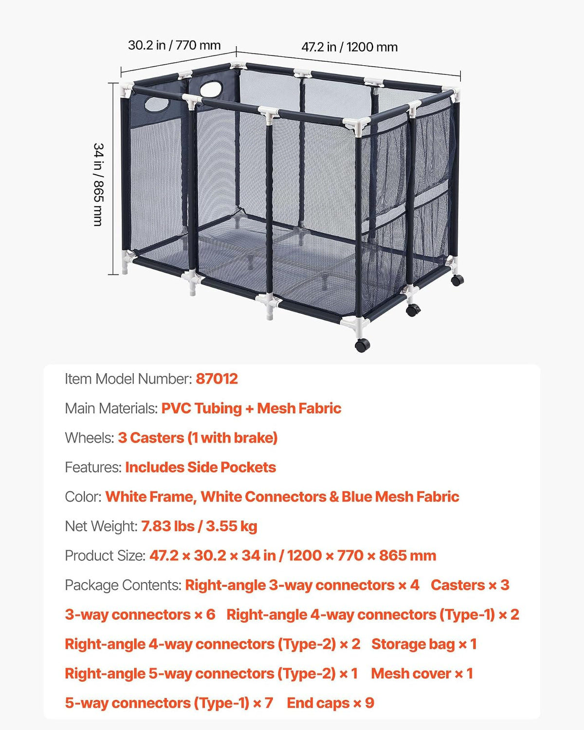 VEVOR Contenedor de Almacenamiento de Piscina 120 x 77 x 86,5 cm, Caja de Almacenamiento para Flotadores con Ruedas, Marco de Plástico Resistente, Cesta de Malla para Juguetes, Inflables, Pelotas