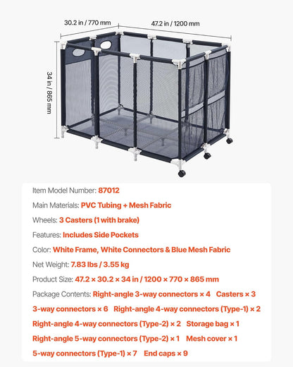 VEVOR Contenedor de Almacenamiento de Piscina 120 x 77 x 86,5 cm, Caja de Almacenamiento para Flotadores con Ruedas, Marco de Plástico Resistente, Cesta de Malla para Juguetes, Inflables, Pelotas