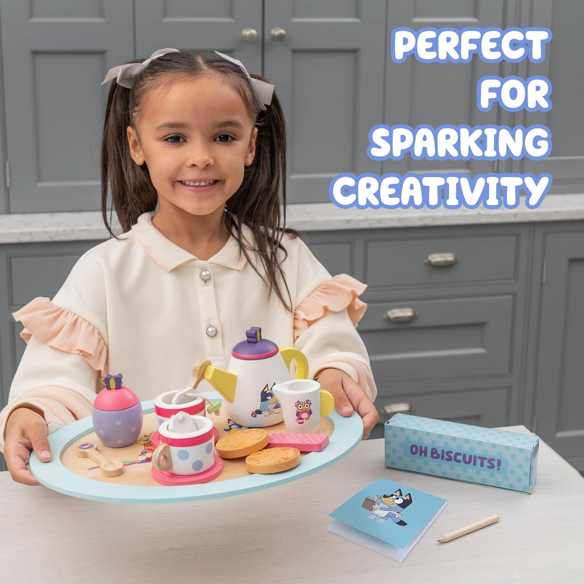 Bluey Tea Party Set Juego De Té para Niños | Pequeño, 18 piezas, madera, con bandeja tetera tazas galletas bloc