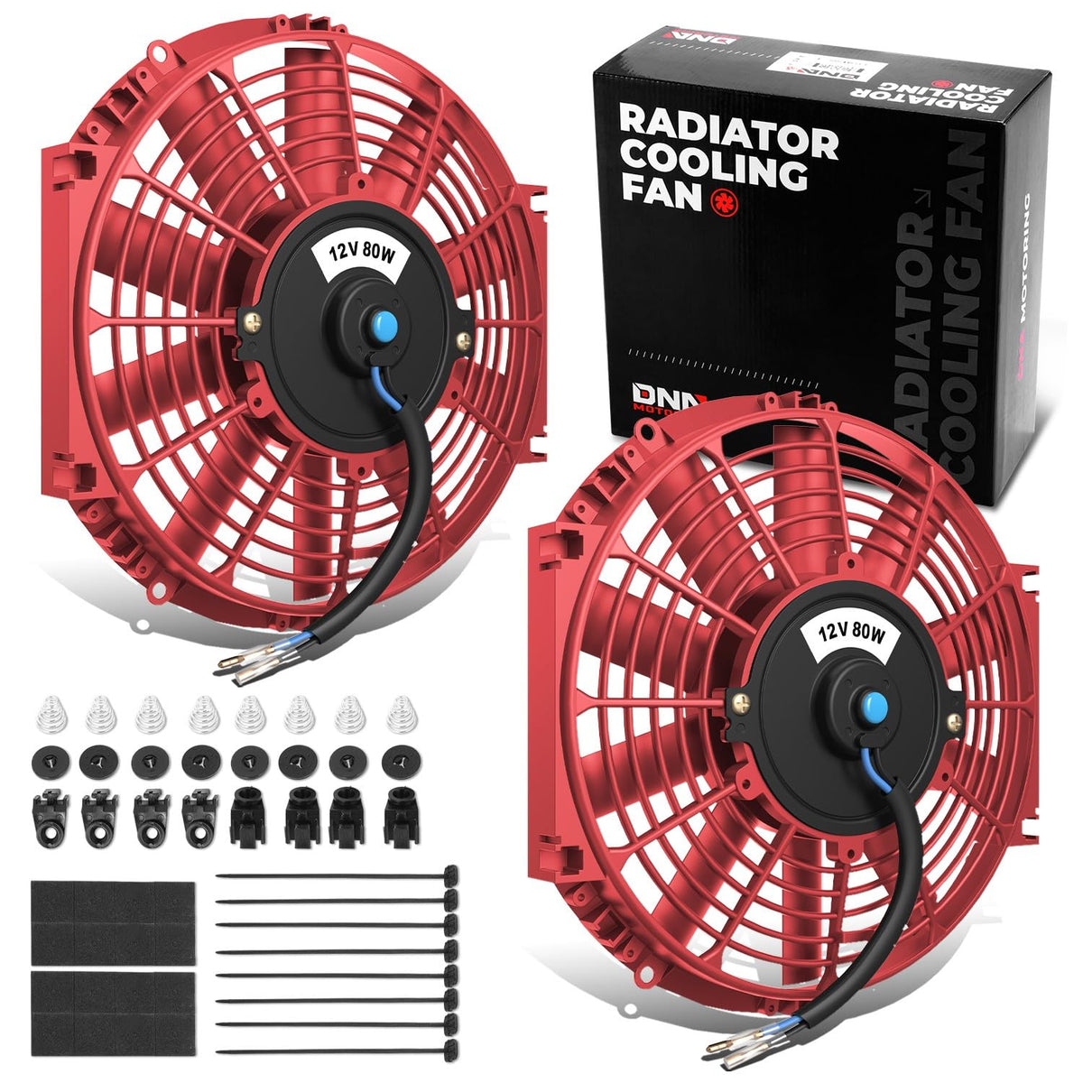 DNA Motoring RAF-12-RD+FMK-X2 Ventilador Radiador Delgado 12" Alto Rendimiento Rojo 2 Unidades con Kit Montaje