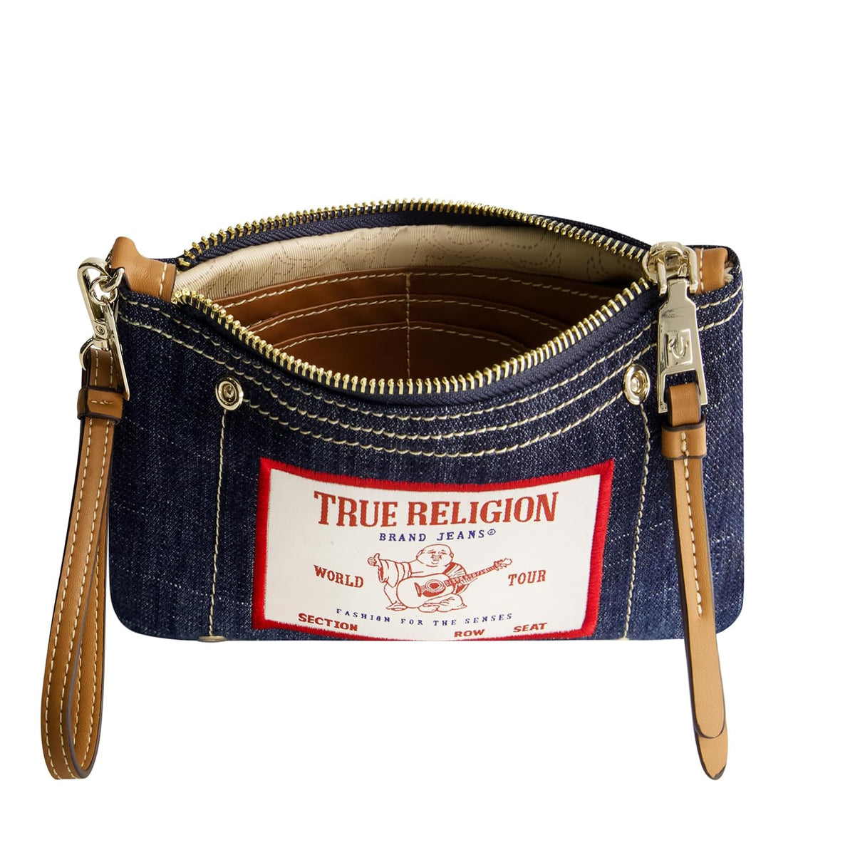 True Religion - Mini portafolios para mujer con correa para la muñeca, tela vaquera oscura, talla única, Mezclilla oscura