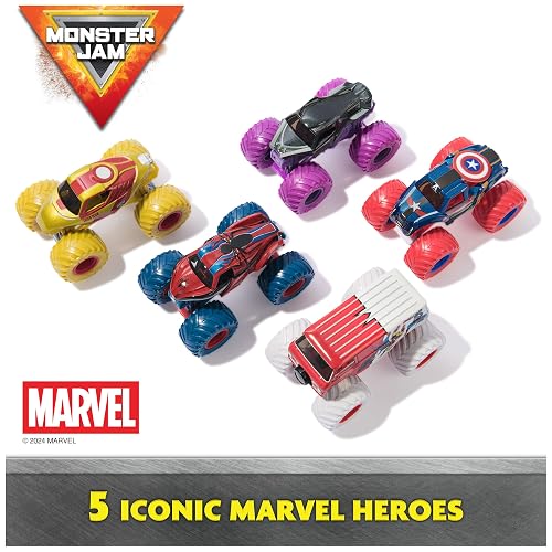 Monster Jam Marvel Heroes, Paquete de 5, Spider-Man, Black Panther, Iron Man, Captain America | Vehículos de Metal, Juguetes para niños y niñas a Partir de 3 años