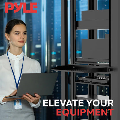 Pyle 4 Estantes para Rack de 19 Pulgadas, Bandejas de Metal Ventilados para Servidor, Montaje Universal en Gabinete o Pared, Soporta hasta 45 kg, Negro