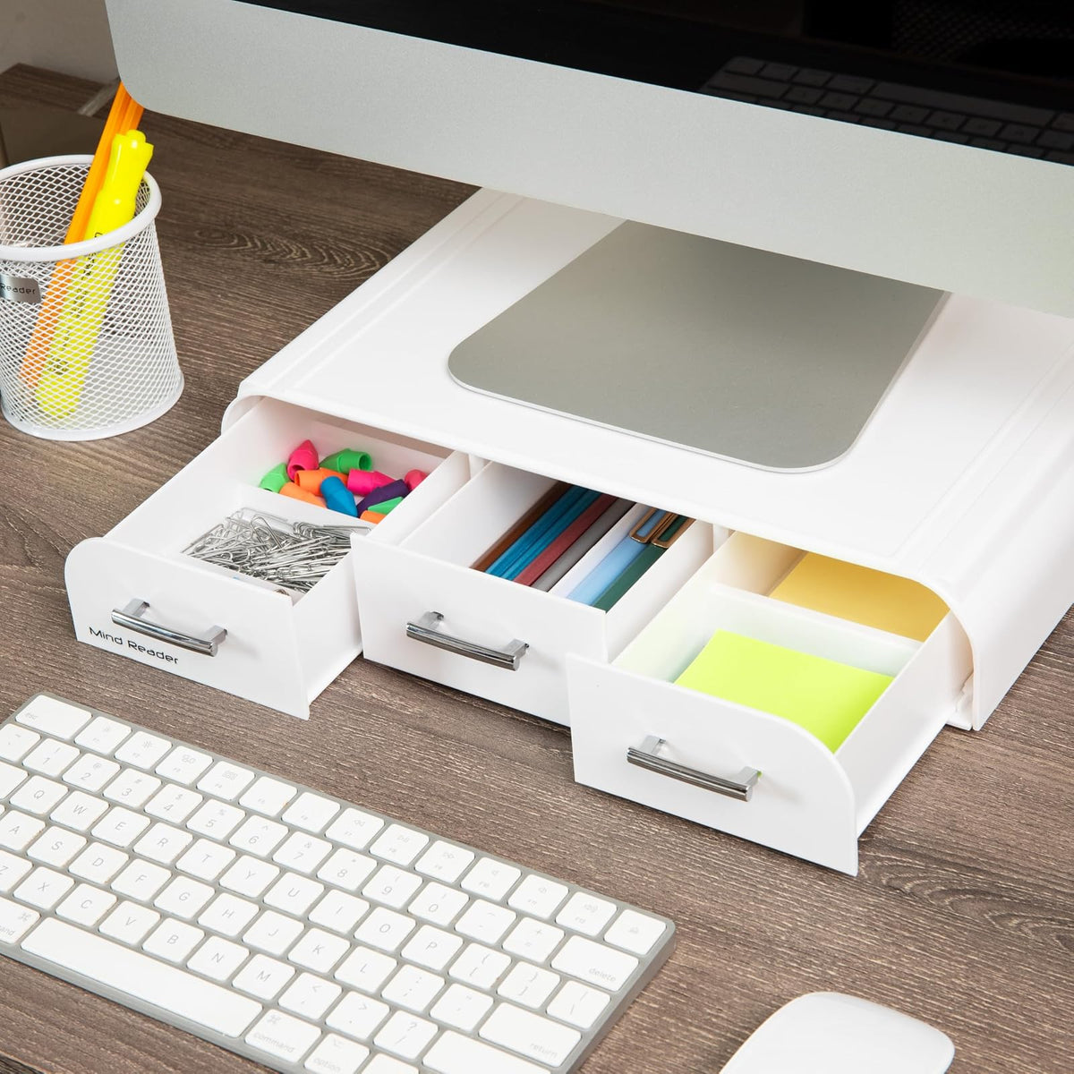 Mind Reader 'Perch' Organizador de escritorio y soporte para monitor, computadora, laptop, IMac, Blanco
