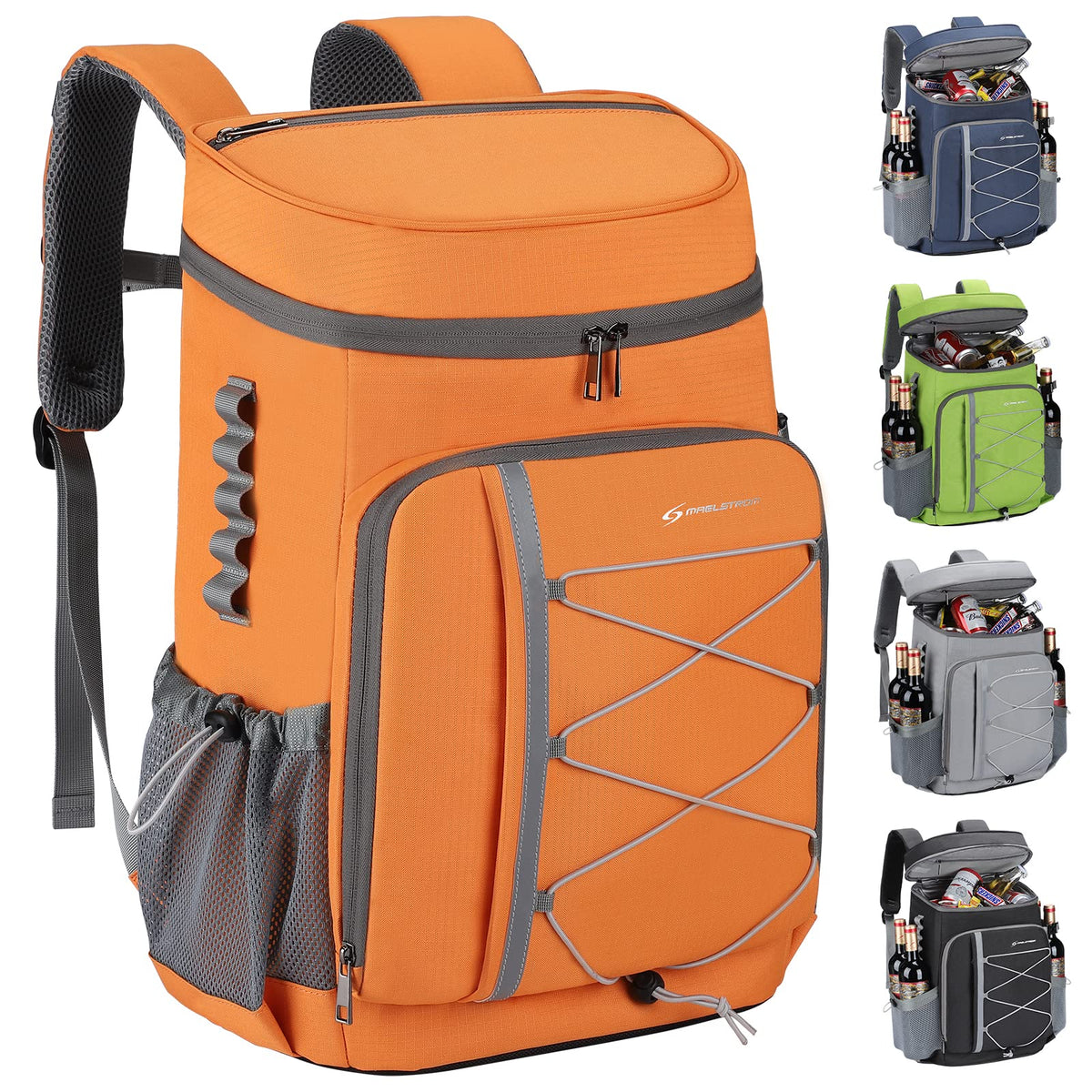 Maelstrom Mochila Hielera 35/50 Latas, Bolsa Hielera Suave Hermética | Frío 16h, bolsillos múltiples, silbato emergencia, acolchado ergonómico transpirable. Ideal camping, pesca, senderismo - Naranja - 35 Can