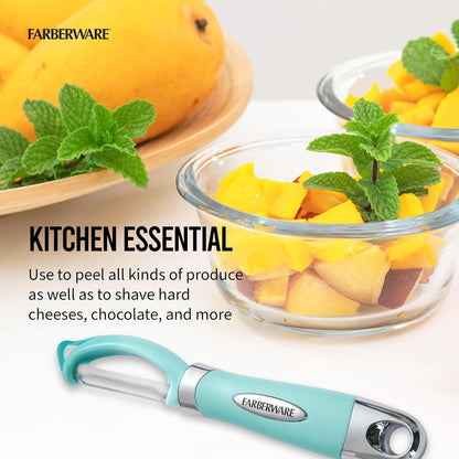 Farberware Euro Peeler, un esencial de cocina para pelar productos rápido y fácil, chocolate, quesos y más, cuenta con agujero para colgar para un fácil almacenamiento, apto para lavaplatos, Aqua Sky