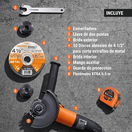 Truper COMBOE-4-1/2A12, Esmeriladora 4-1/2" 750 W, 10 discos y flexómetro