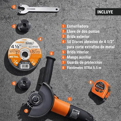 Truper COMBOE-4-1/2A12, Esmeriladora 4-1/2" 750 W, 10 discos y flexómetro