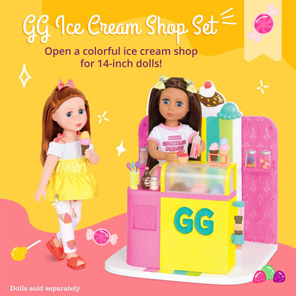 Glitter Girls Juego de heladería para muñecas con golosinas | Juego de heladería para muñecas de 36 cm con 79 piezas, tarros, conos, estantes y accesorios para servir, 3 años y +