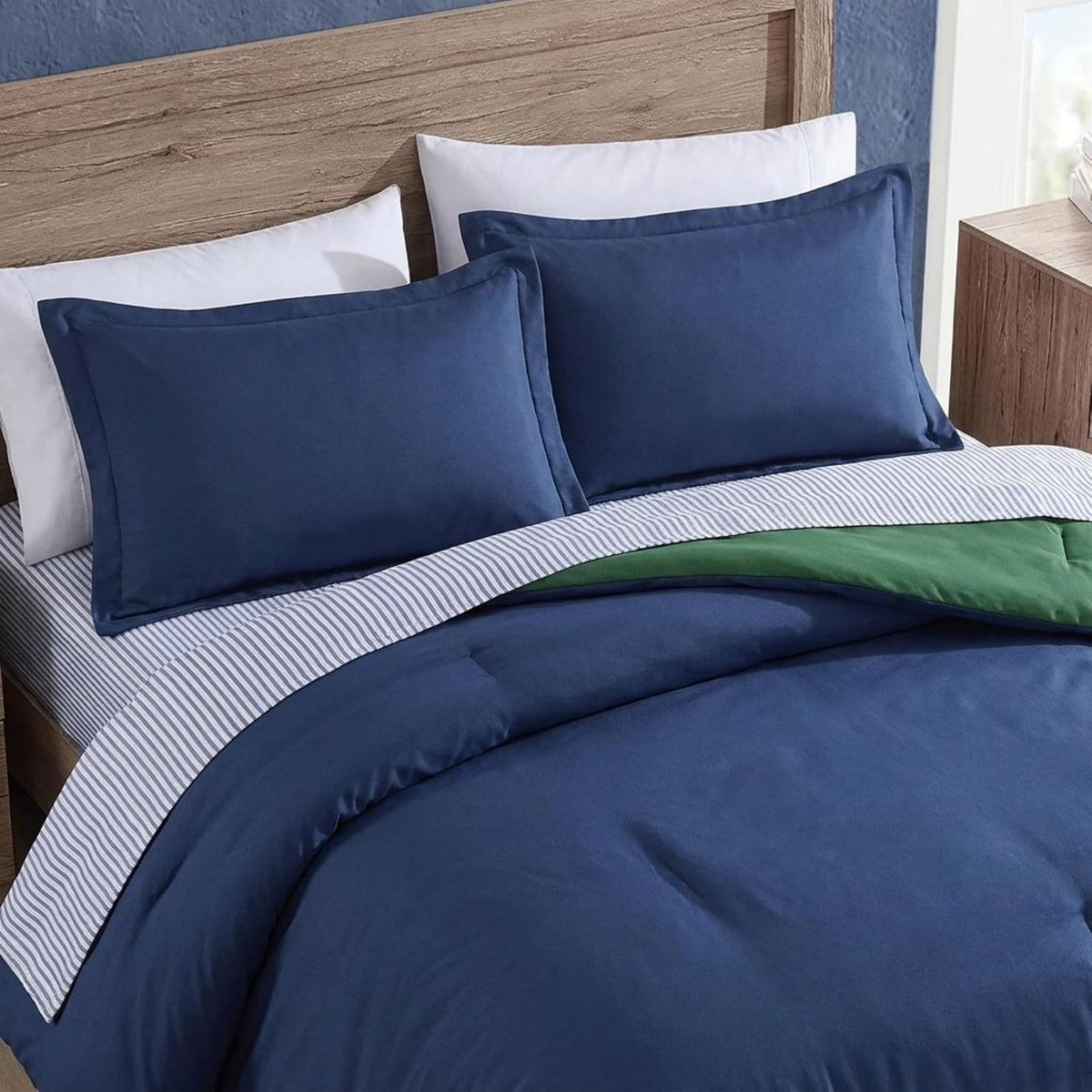 Nautica - Juego de Cama Individual XL Reversible, Incluye Funda Estándar, Sábana Bajera, Funda de Almohada y Bolsa de Lavandería, 5 Piezas, Tamaño Twin, Azul Marino
