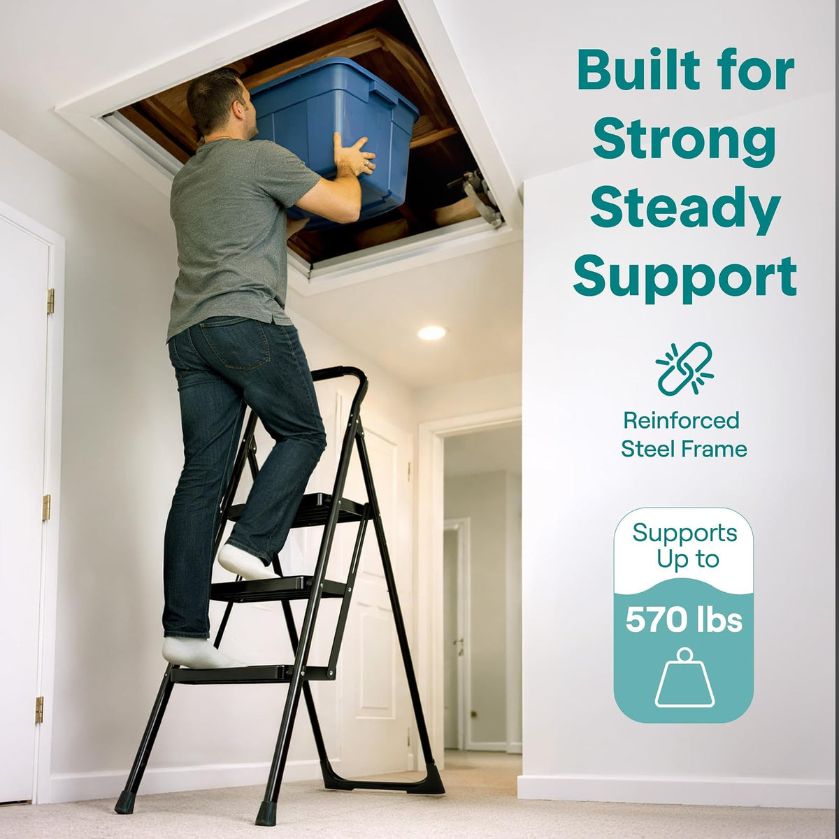 SereneLife Escalera Plegable de Acero de 3 Peldaños Anchos Antiderrapantes con Pasamanos, Capacidad de 150 kg, Ideal para Limpieza, Decoración y Tareas del Hogar