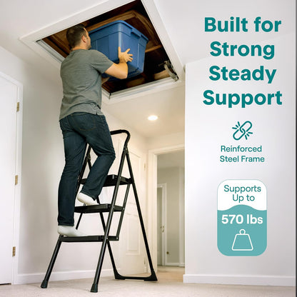 SereneLife Escalera Plegable de Acero de 3 Peldaños Anchos Antiderrapantes con Pasamanos, Capacidad de 150 kg, Ideal para Limpieza, Decoración y Tareas del Hogar