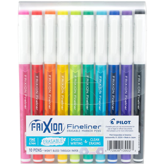 Pilot FriXion - Rotuladores borrables de punta fina de 0,7 mm, paquete de 10, colores clásicos, bolígrafos borrables, ideales para la escuela, diario y escritura de oficina