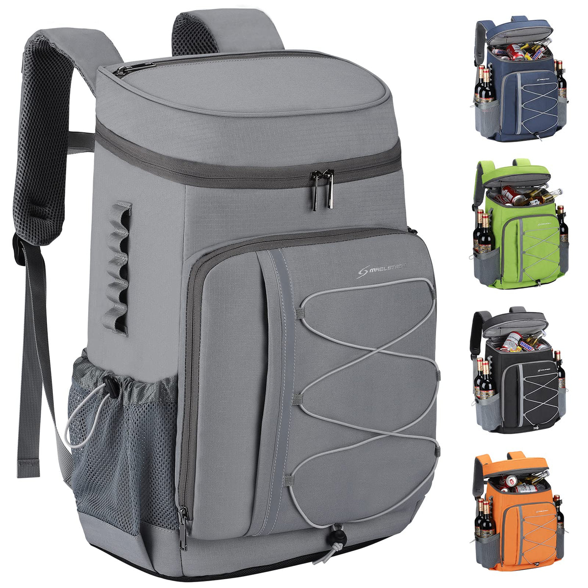 Maelstrom Mochila Hielera 35/50 Latas, Bolsa Hielera Suave Hermética | Frío 16h, bolsillos múltiples, silbato emergencia, acolchado ergonómico transpirable. Ideal camping, pesca, senderismo - Gris - 35 Can