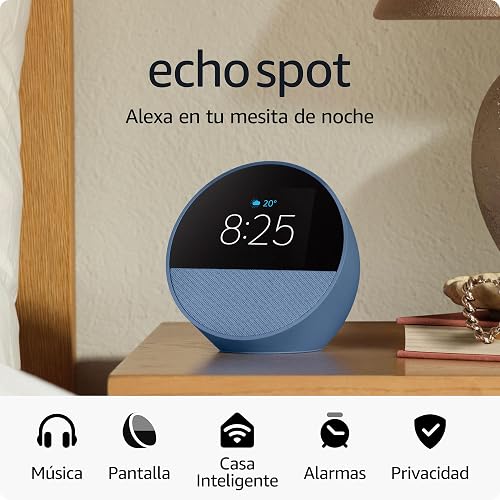 Echo Spot (modelo más reciente): ideal para mesitas de noche, oficinas y cocinas, incluye despertador inteligente con Alexa (azul), con el Acceso Anticipado de Alexa+