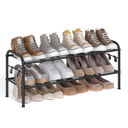 SONGMICS Zapatero, Organizador Zapatos de 2 Niveles, Estante Metálico, con 4 Ganchos, para 10 Pares, Altura Ajustable, Negro Tinta MLMR128B01