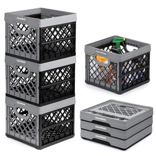 CleverMade - Caja de leche plegable (EcoCrate) - 25L - Piedra (3PK) | Cajas de leche para aula, almacenamiento de maletero, caja de archivos, rieles integrados para carpetas de letras | Se abre o