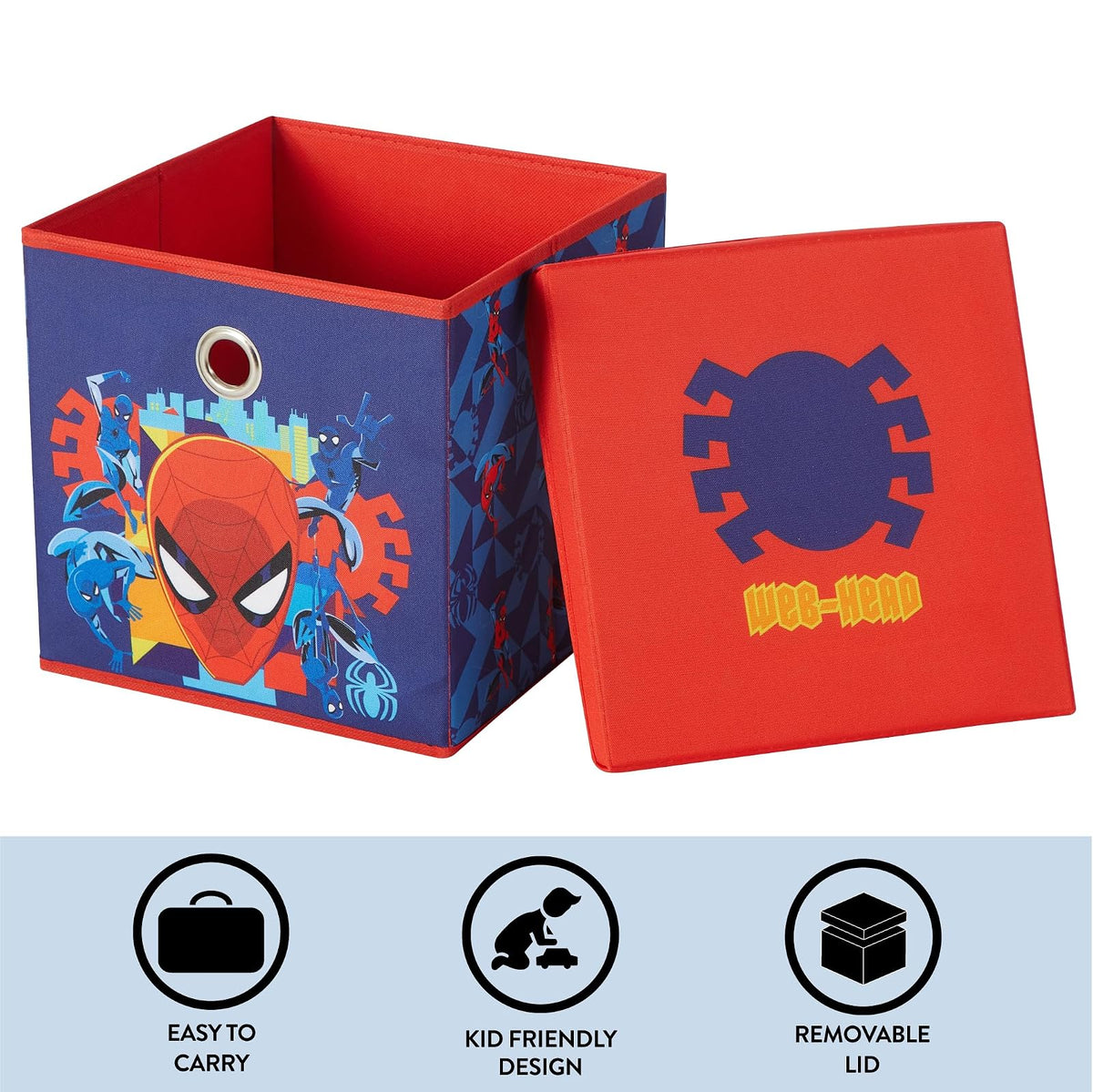 Idea Nuova Marvel Spiderman cubeta de almacenamiento plegable de tela, contenedor organizador de 10 pulgadas con tapa para recámara, sala de juegos y clóset