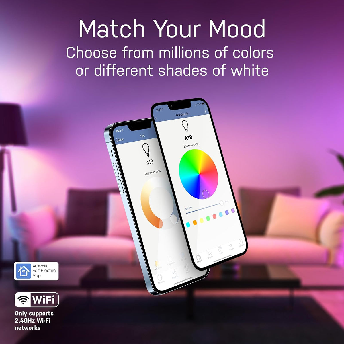 Feit Electric OM60/RGBW/CA/AG/3 60 W Equivalente a WiFi de color cambiante y ajustable, blanco, regulable, no requiere concentrador, Alexa o Google Assistant A19 LED Smart Light Bulb, paquete de 3