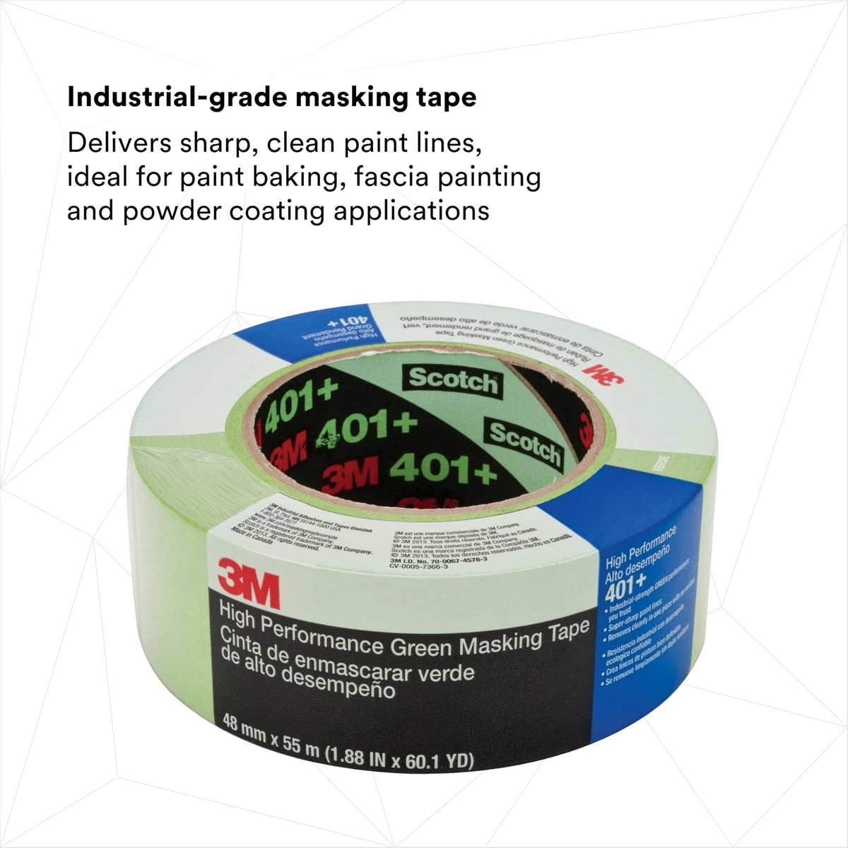 3M High Performance Green Masking Tape 401+, 48 mm x 55 m (Case of 12)