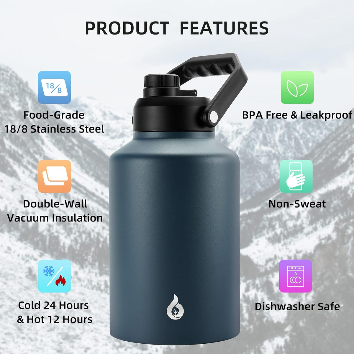 BJPKPK Botella de agua aislada de un galón (128 onzas), apta para lavaplatos, termo de acero inoxidable, sin BPA, con mango ergonómico y parte inferior antideslizante, botella de agua grande, azul
