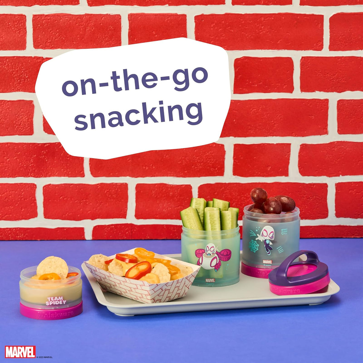 Whiskware Spider-Man Team Spidey - Recipientes apilables para bebés, niños y niños pequeños, 3 tazas apilables para aperitivos para la escuela o viajes, apto para portavasos, Gwen Stacy